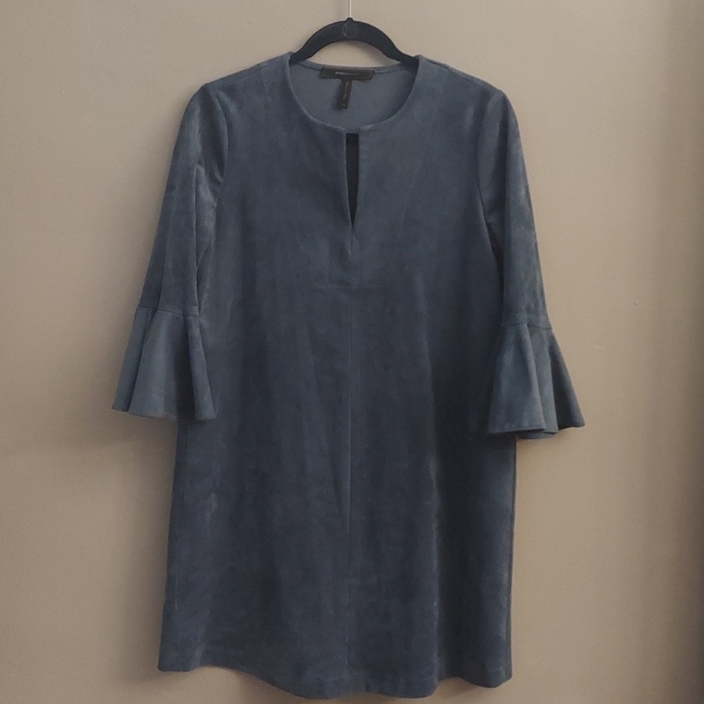 BCBGMAXARIA Catier Faux Suede Dusty Blue Mini Dress With Bell Sleeves XS Boho - Picture 4 of 13